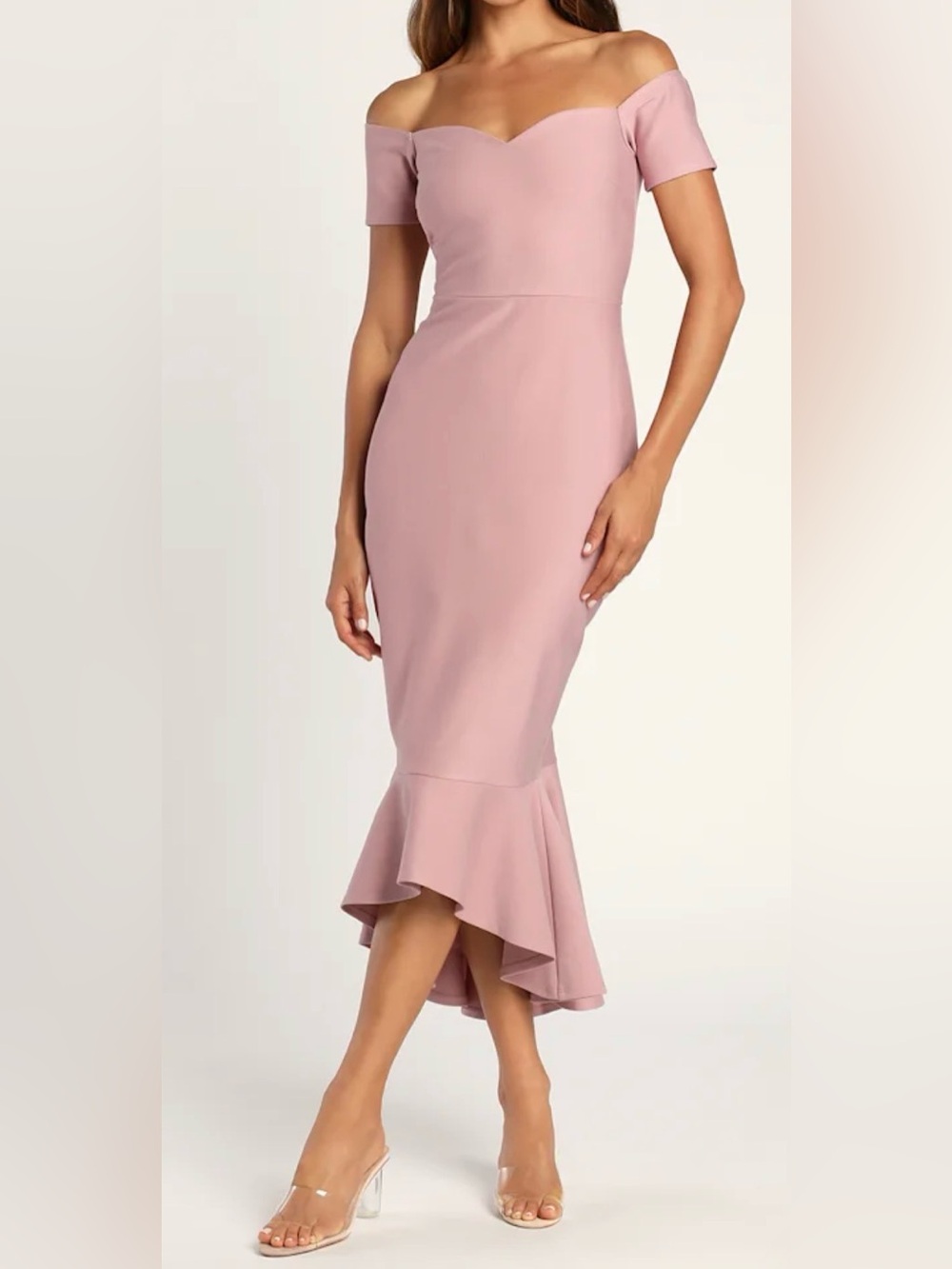 Lulu's Off-Shoulder High-Low Mermaid Skirt in Dusty Pink